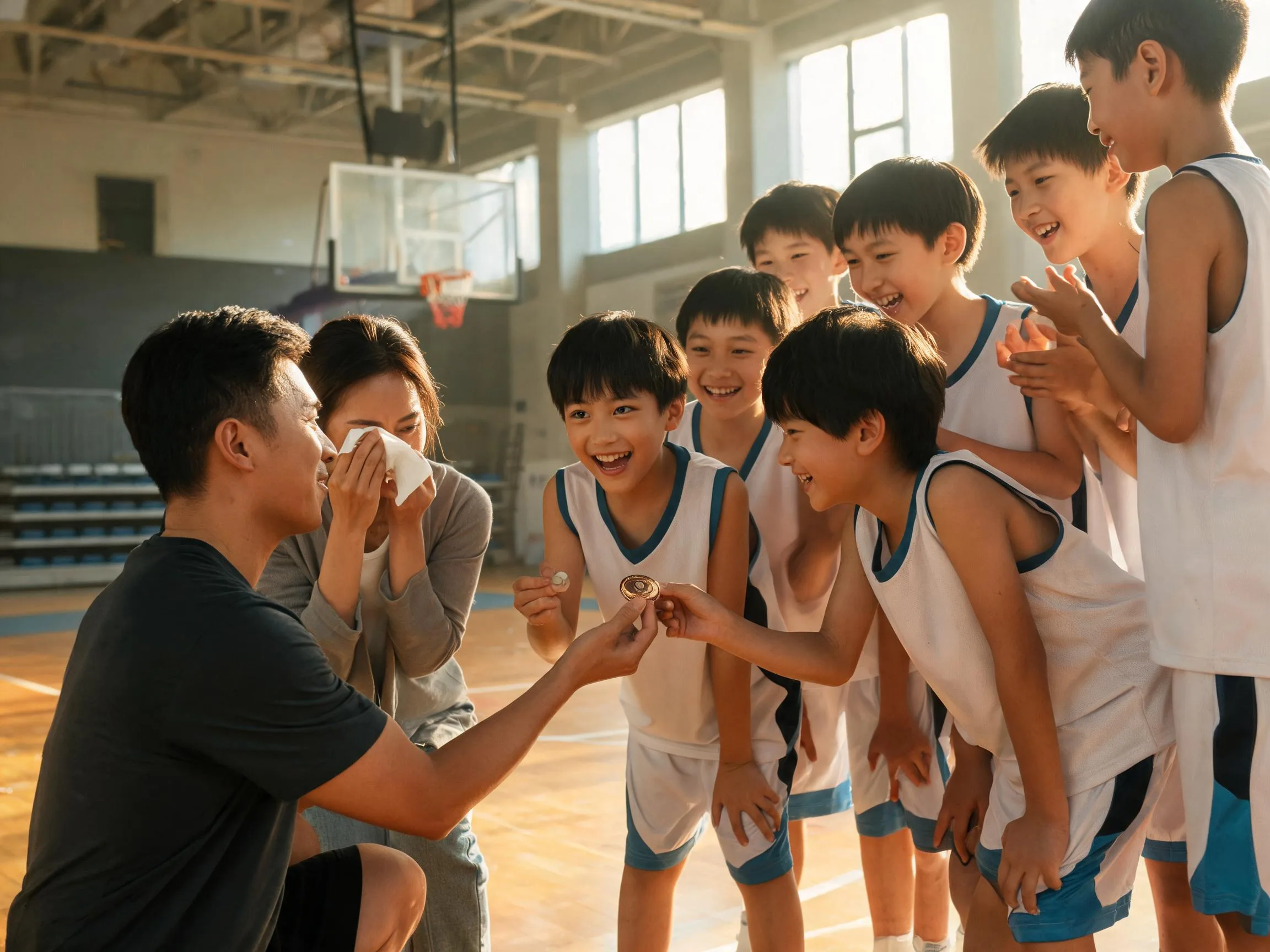 Coach and young athlete share a proud emotional moment on a gymnasium court.