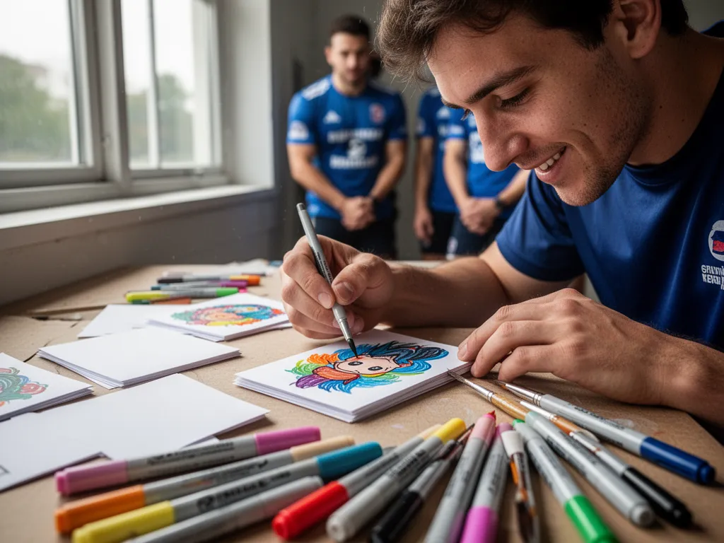 [Young athlete's hands painting detailed artwork on blank trading card with focused expression and supplies nearby]