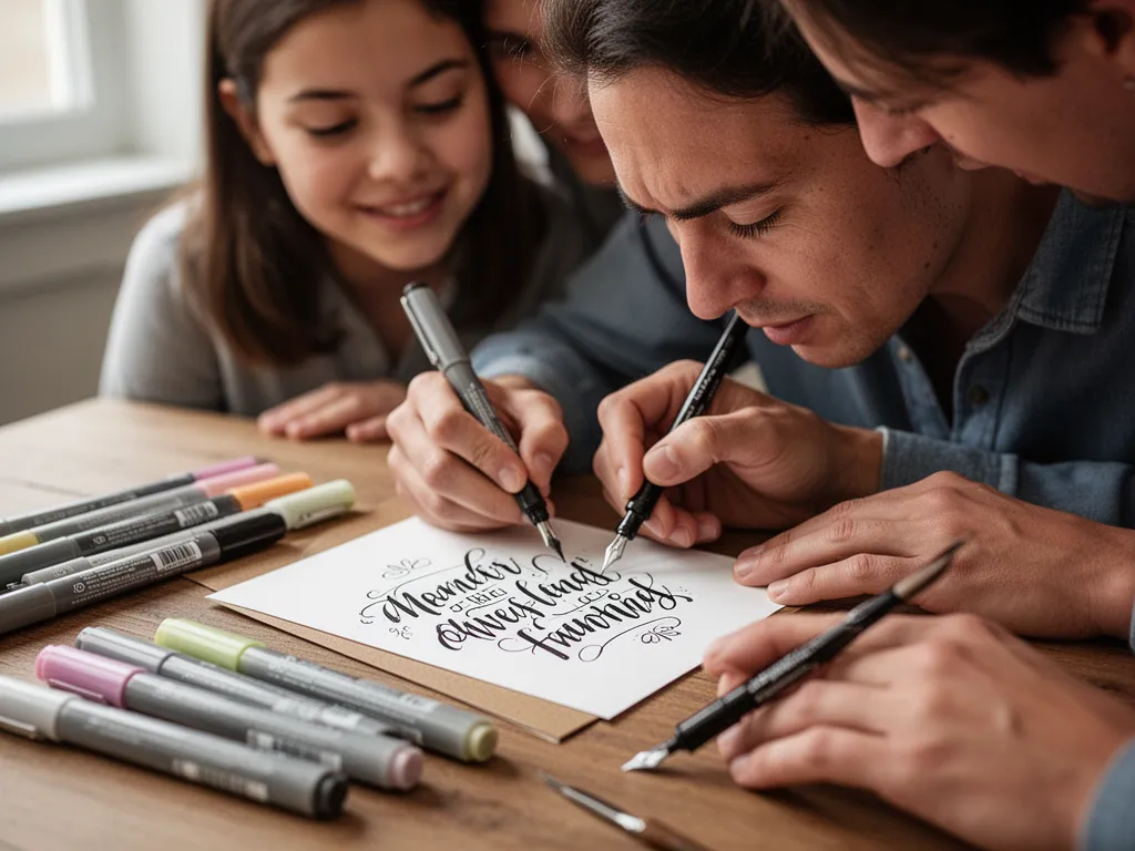 [Person hand-lettering custom card design with family member watching closely nearby]
