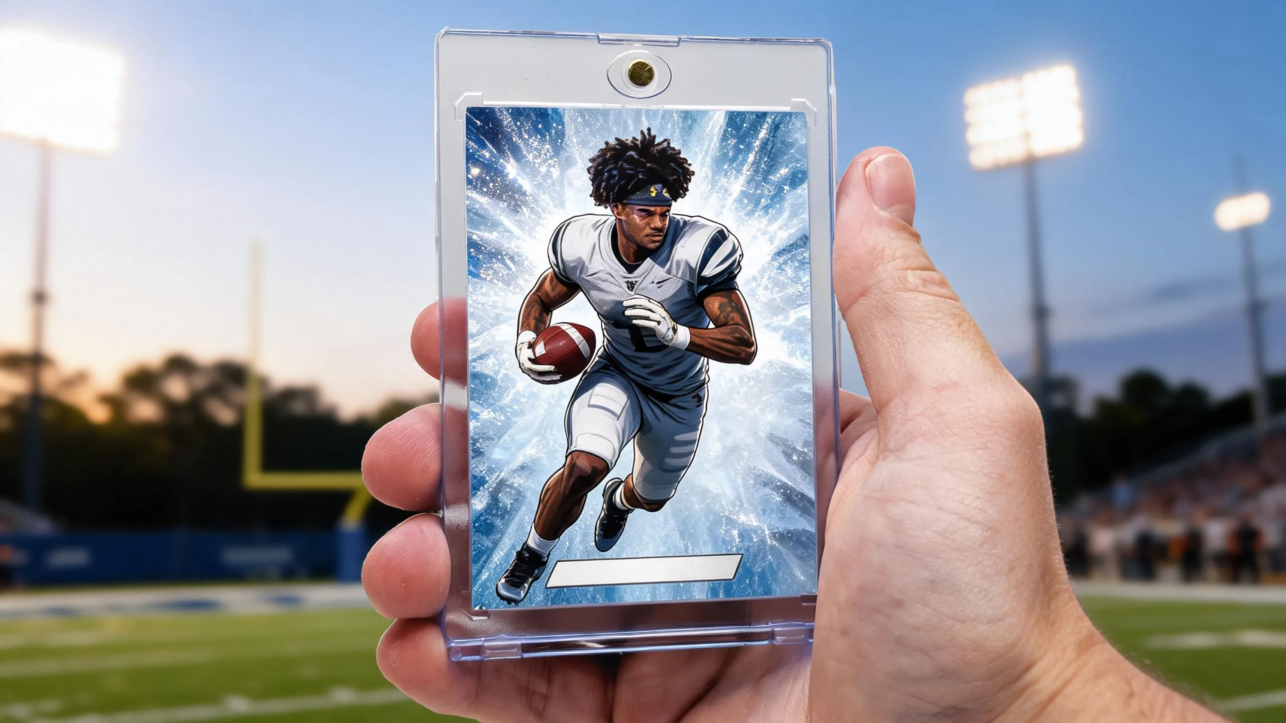 Hand holding magnetic case with custom football card, diy football locker decorations idea under stadium lights