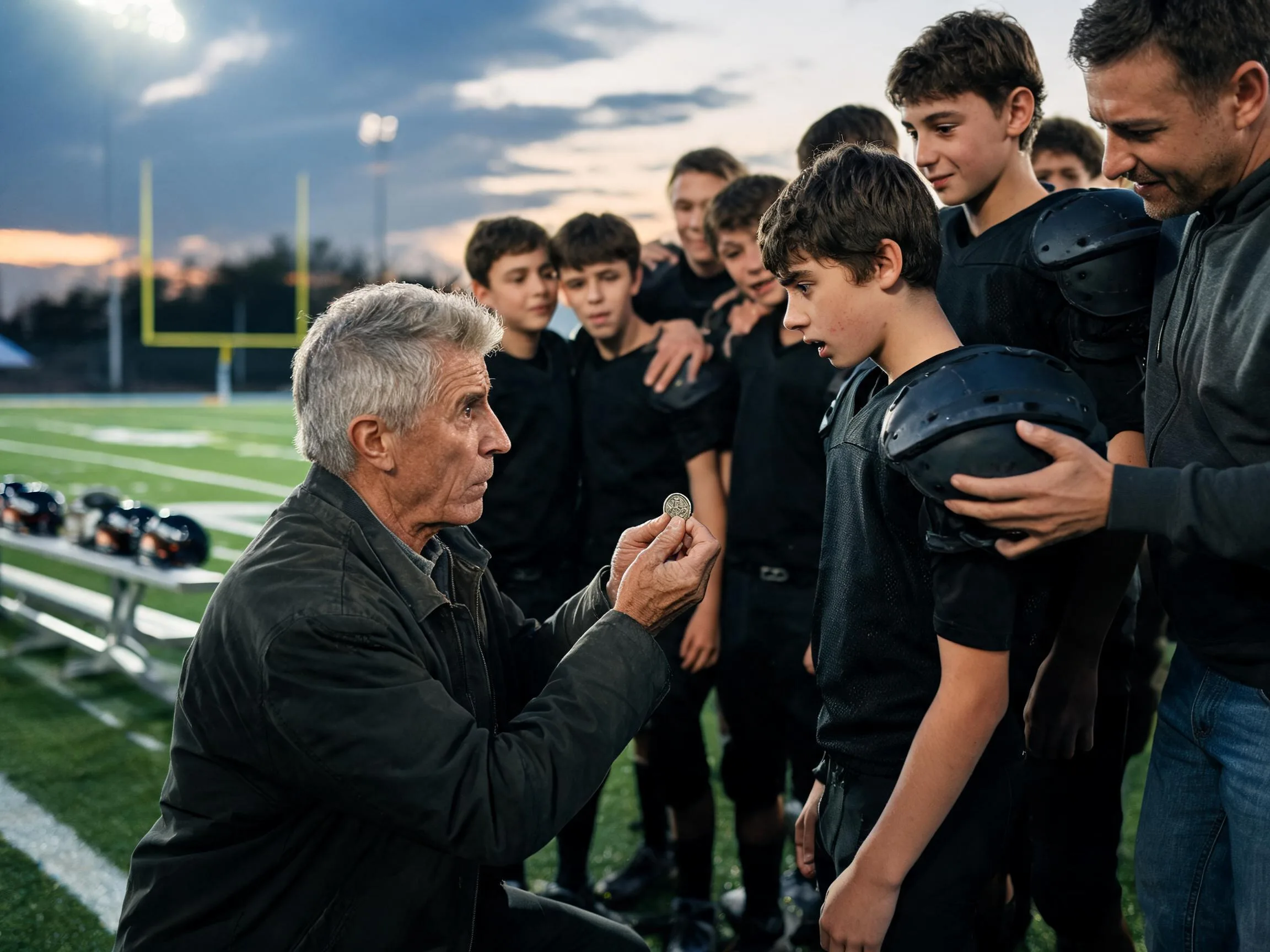 Coach and young football player share proud moment under Friday night stadium lights