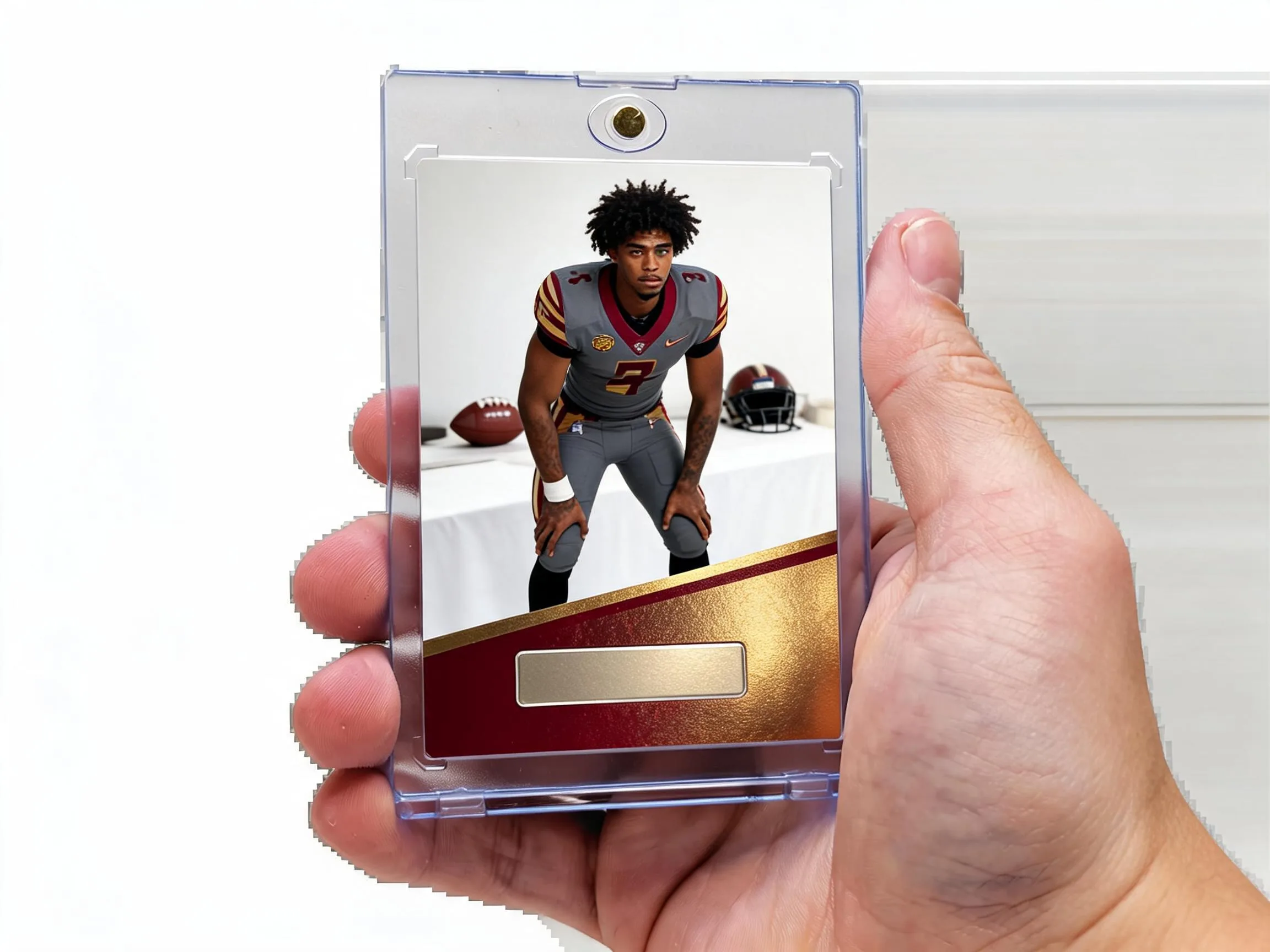 Custom football trading card in clear magnetic case displayed on white tabletop