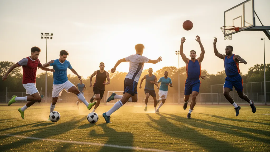 Multiple athletes from different sports competing outdoors in natural sunlight with dynamic motion and energy