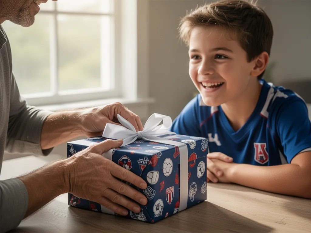 Parent wrapping a handmade sports gift while child watches with excited anticipation and genuine emotion indoors