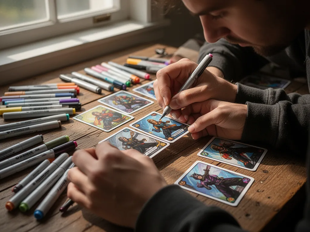 [Child's hands creating personalized trading card designs with art supplies at table]