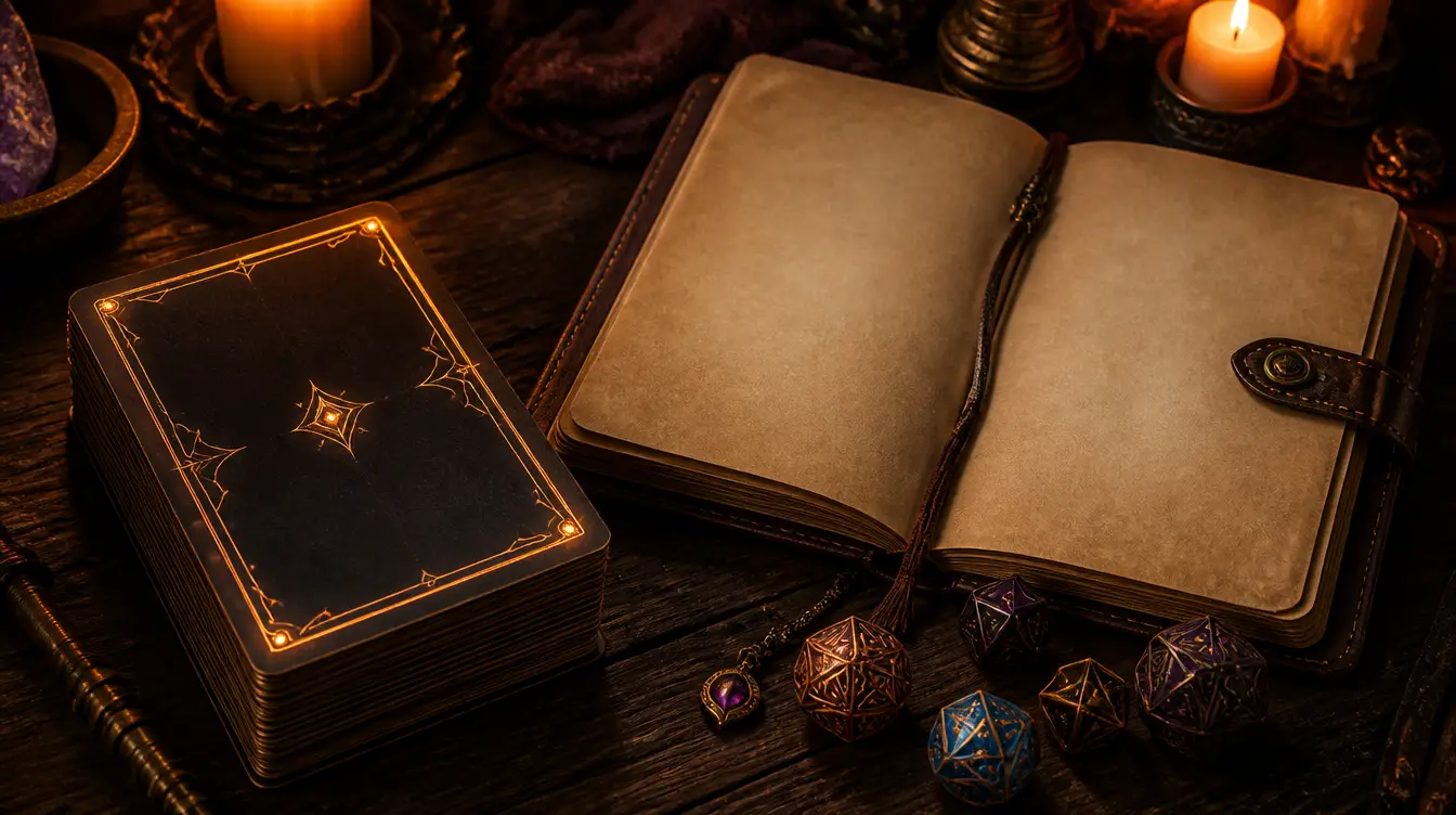 A deck of blank fantasy cards with glowing rune borders beside a leather notebook and polyhedral dice
