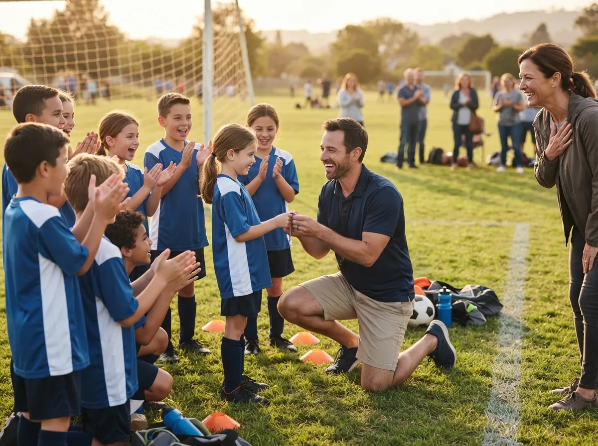 Coach and young athlete share a joyful moment on a sunny sports field.