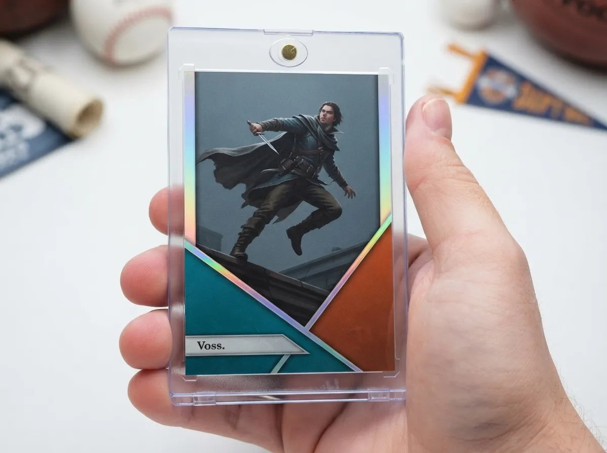 Magnetic case displaying a chrome diagonal-frame dnd 5e spell cards rogue trading card.