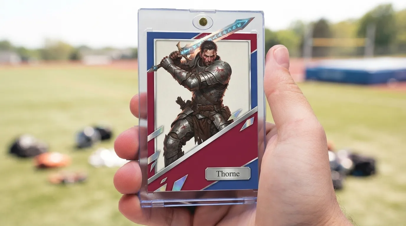 Hand holding magnetic case with dnd character cards fantasy warrior card, chrome diagonal frame design.