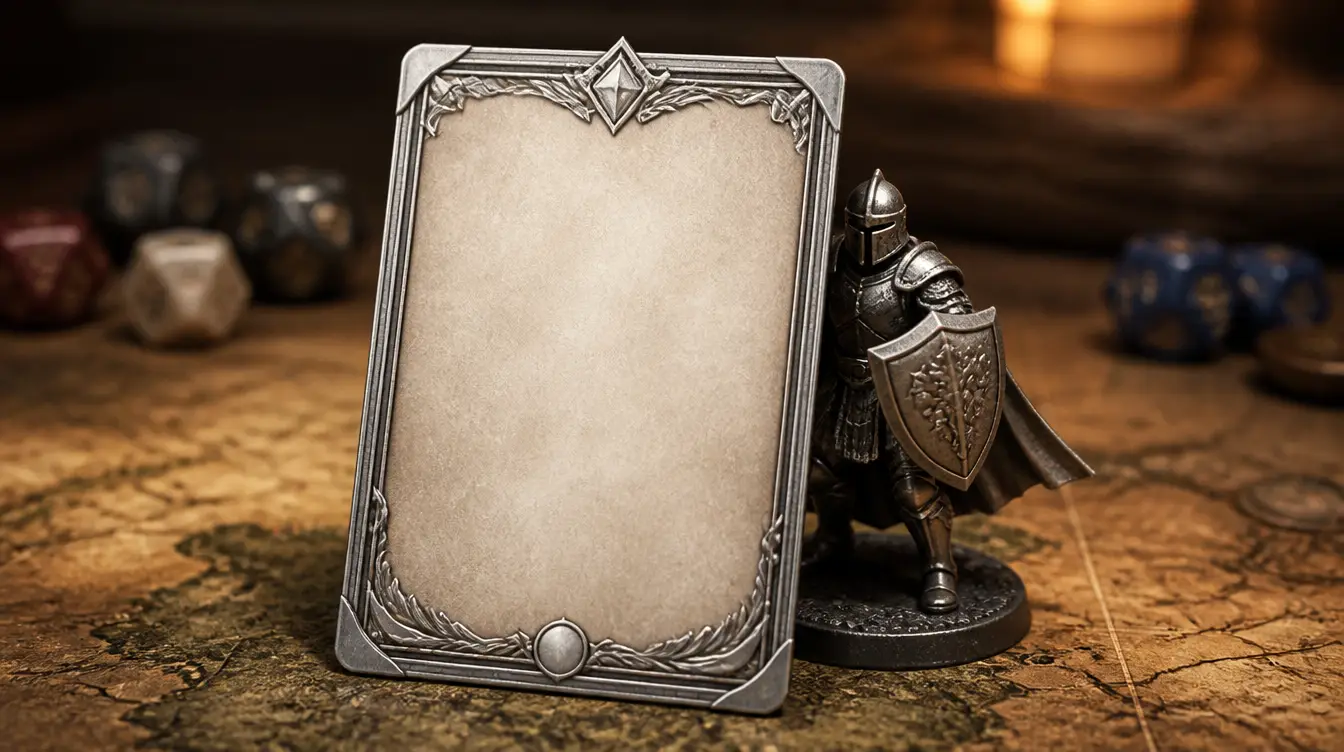 A blank fantasy character card with a silver frame propped against a knight miniature on a game mat