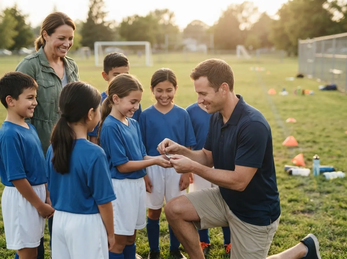 Coach shares proud moment with young athlete as team and parent celebrate outdoors.