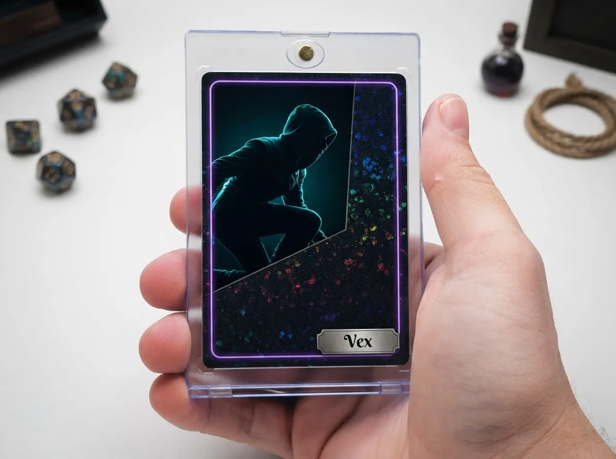 Magnetic case holding dark holographic dnd character trading card with neon-lit rogue design.