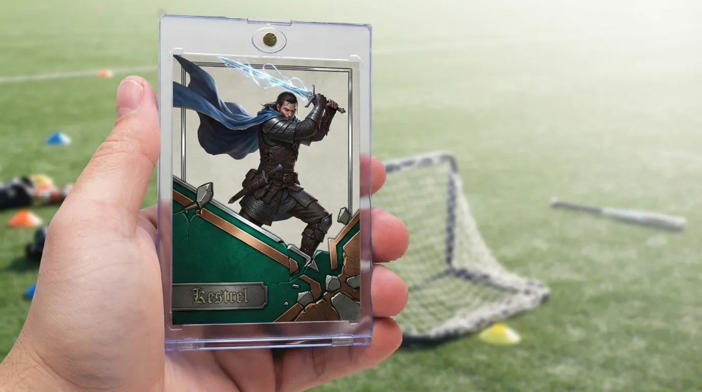Hand holding magnetic case with dnd item cards trading card featuring armored adventurer mid-swing.