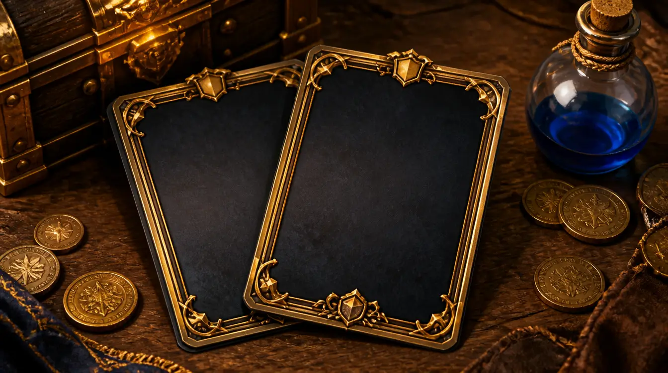Blank fantasy item cards with gold borders beside a potion bottle and coins on a wooden table