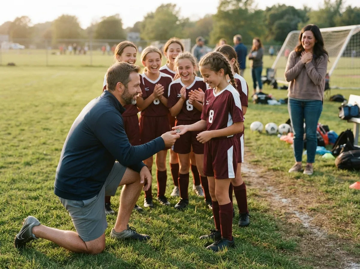 Coach kneeling with young athlete in proud team celebration on sunny athletic field.