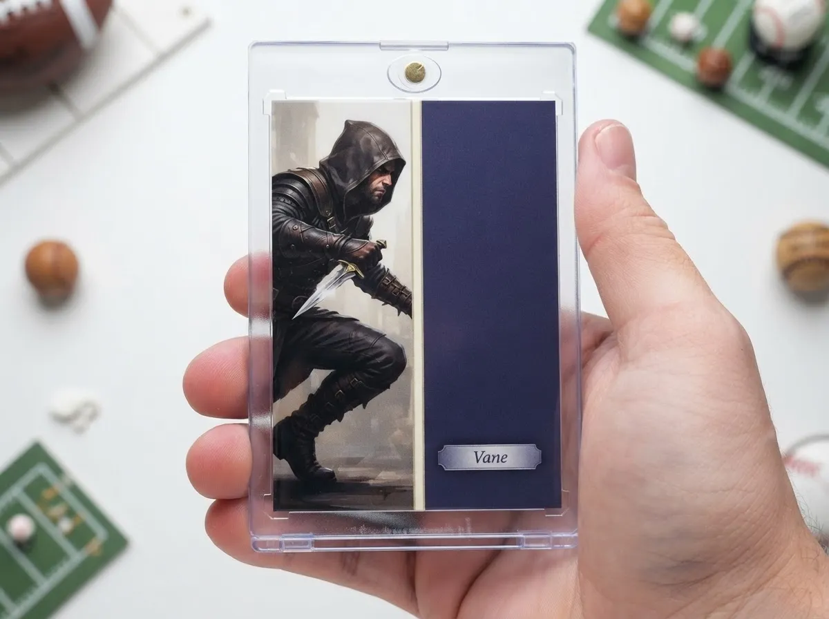 Custom dnd item cards trading card in magnetic case showing rogue on split-panel design.