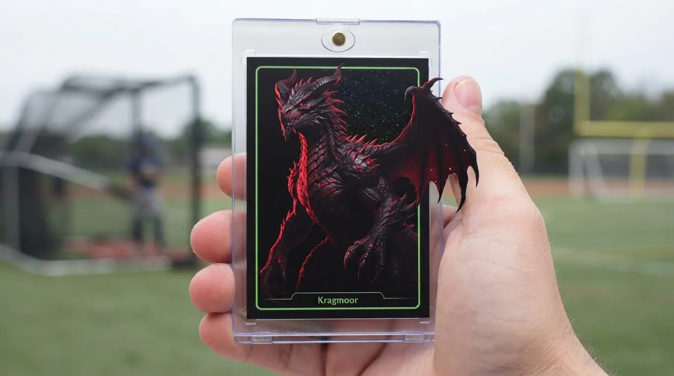 Hand holding magnetic case with dark dnd monster cards trading card featuring neon-rimmed beast.