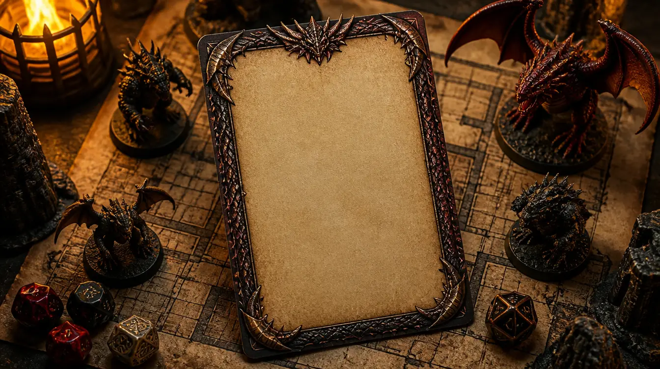 A blank fantasy card with a dragon-scale border on a dungeon map beside monster miniatures