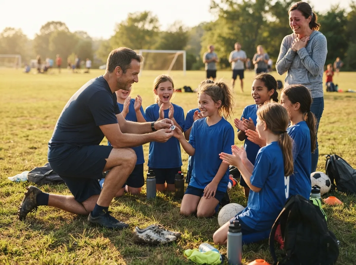 Coach and beaming young athlete share proud moment on sports field with teammates.
