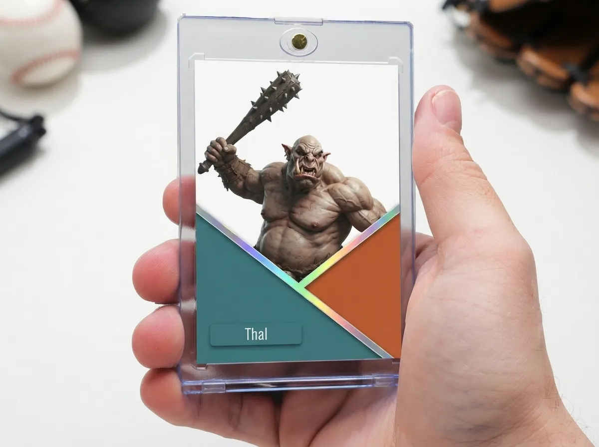 Custom dnd monster cards trading card in magnetic case with diagonal chrome frame design.