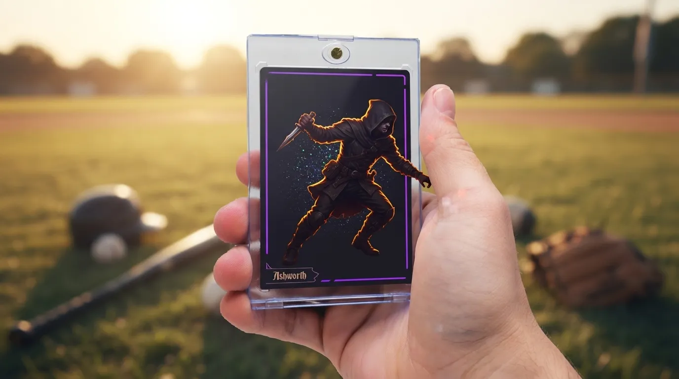 Hand holding magnetic case with dark holographic dnd playing cards card, rogue mid-lunge, golden-hour field.