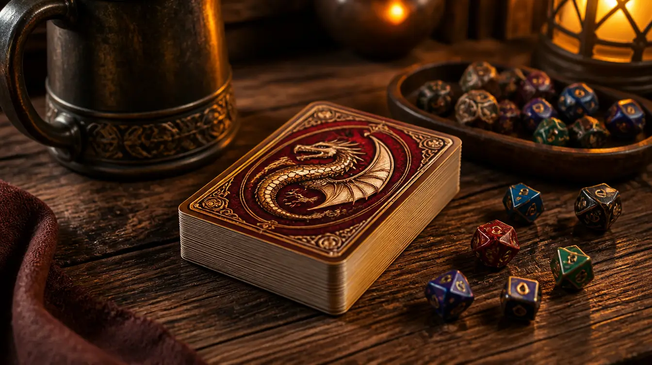 A deck of blank playing cards with a dragon-pattern back on a tavern table beside dice