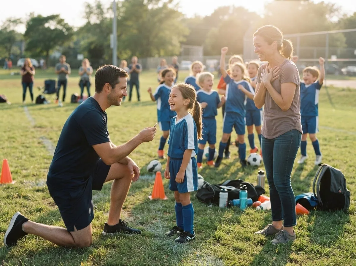 Coach and beaming young athlete share proud moment on sunny field, parent watching nearby.