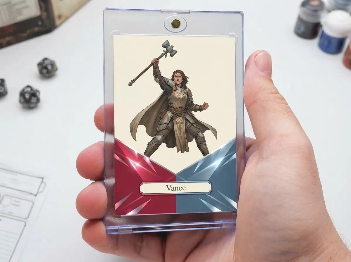 Magnetic case holding diagonal color-block dnd playing cards trading card with chrome frame accents.