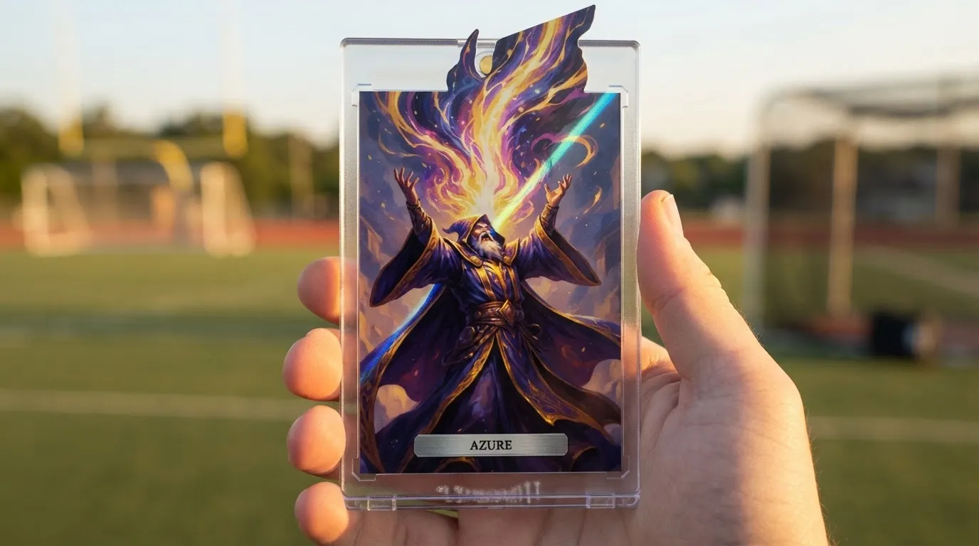 Hand holding magnetic case with golden-hour dnd spell cards trading card featuring a spellcasting wizard.