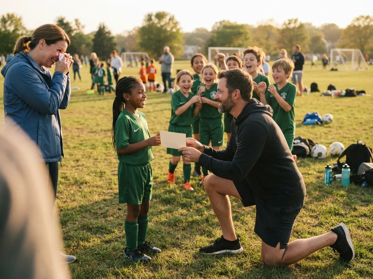 Coach handing young athlete a small gift as parent and teammates celebrate on field.