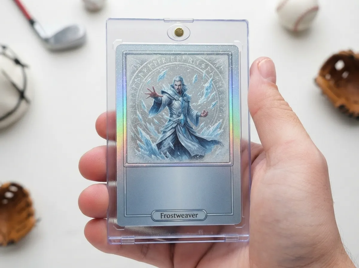 Custom dnd spell cards trading card in magnetic case showing frozen ice-spell sorcerer artwork.