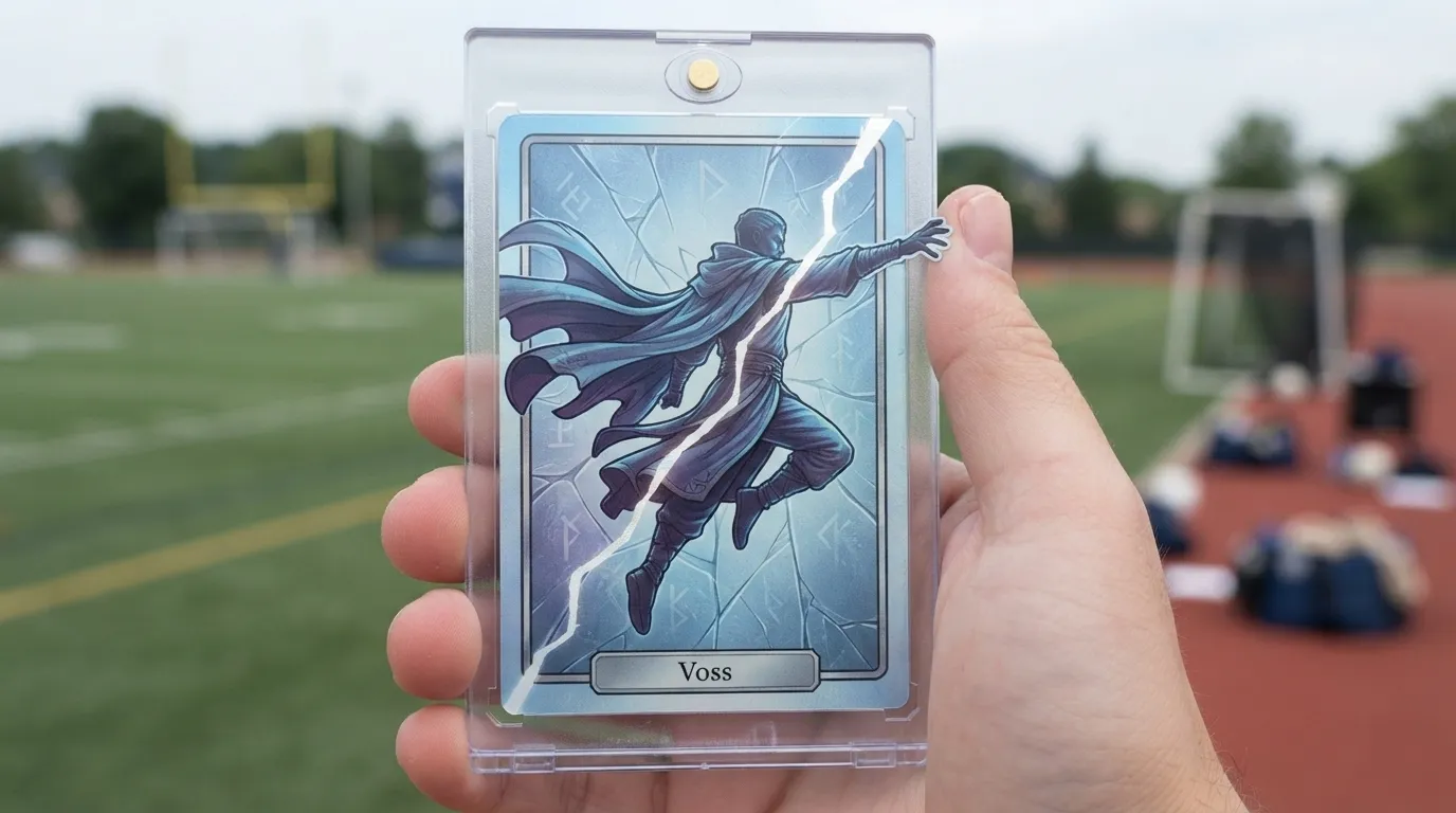 Hand holding magnetic case with icy blue-silver dnd tarot cards trading card featuring leaping figure.