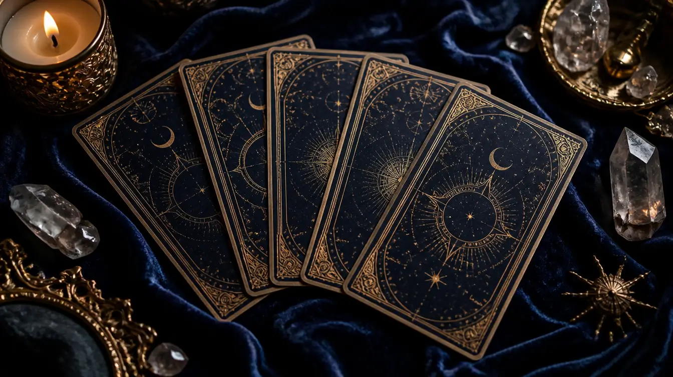 Blank mystical tarot-style cards with celestial borders fanned on dark velvet beside a candle