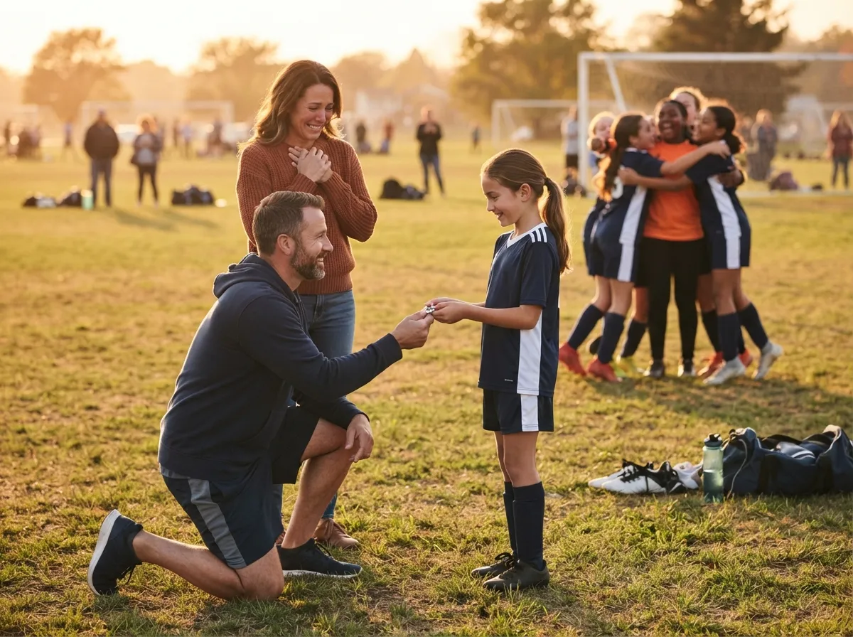 Coach and proud parent share emotional moment with young athlete on sunlit sports field.