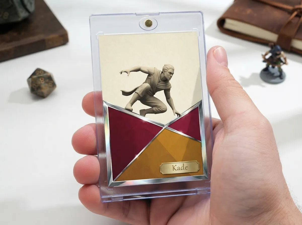 Custom dnd tarot cards sports trading card in magnetic case with crimson gold diagonal frame.