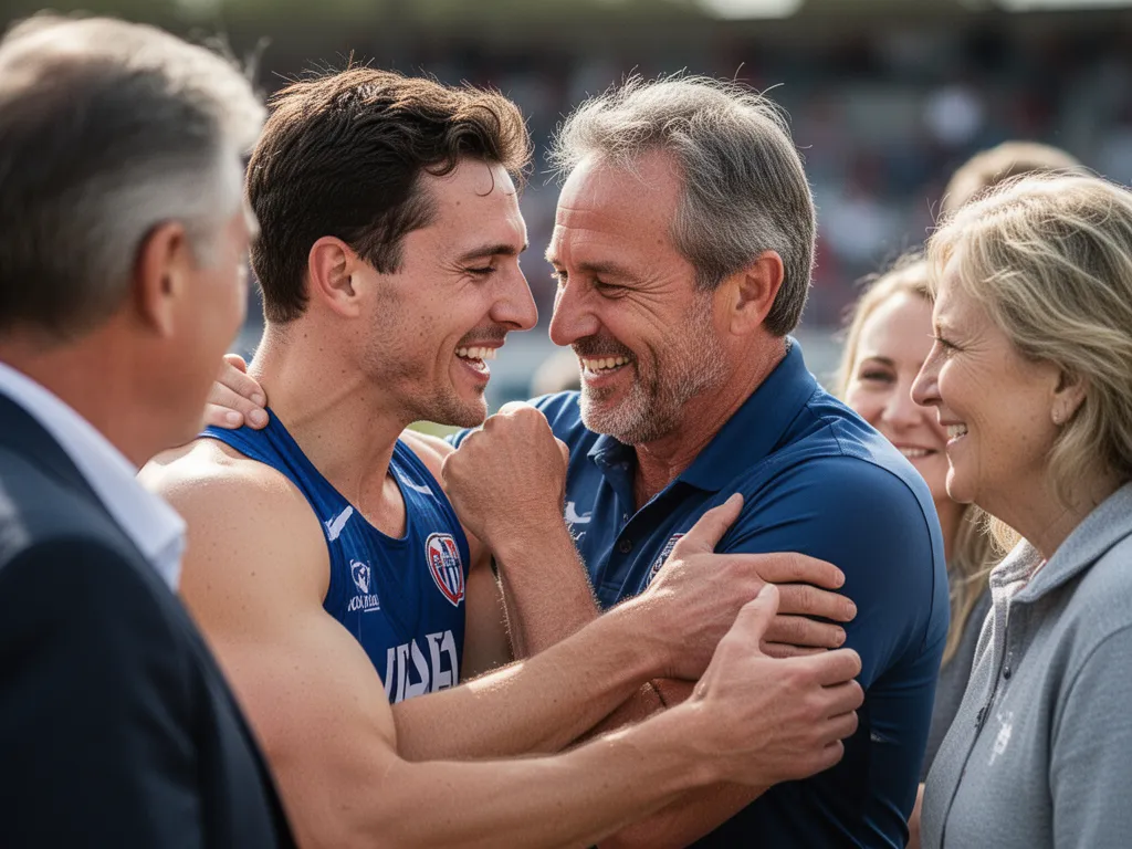 Athlete celebrating with coach and family members showing genuine emotion and joy together