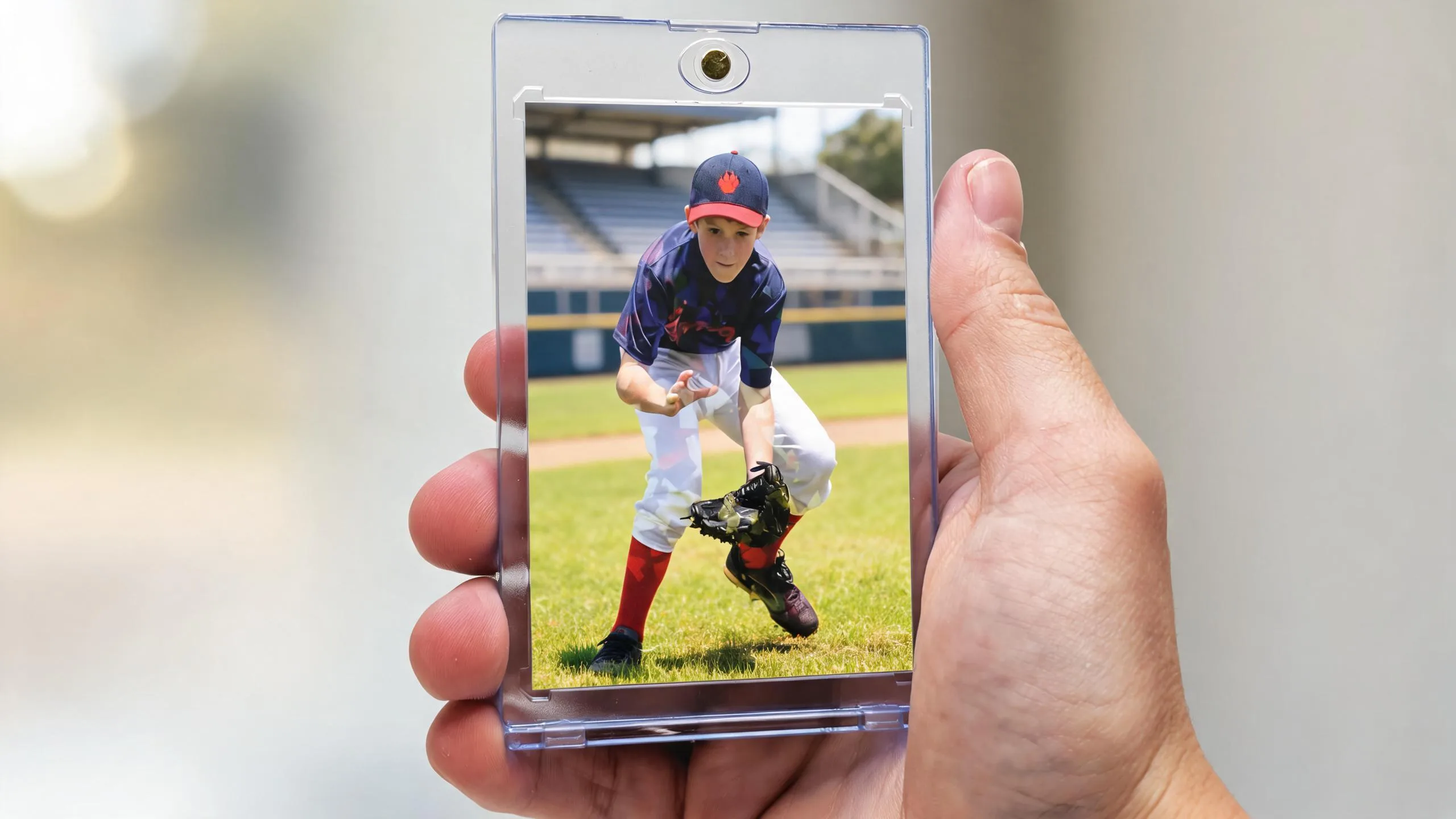 Hand holding magnetic case with sunlit athlete card, exploring do panini cards hold value today.