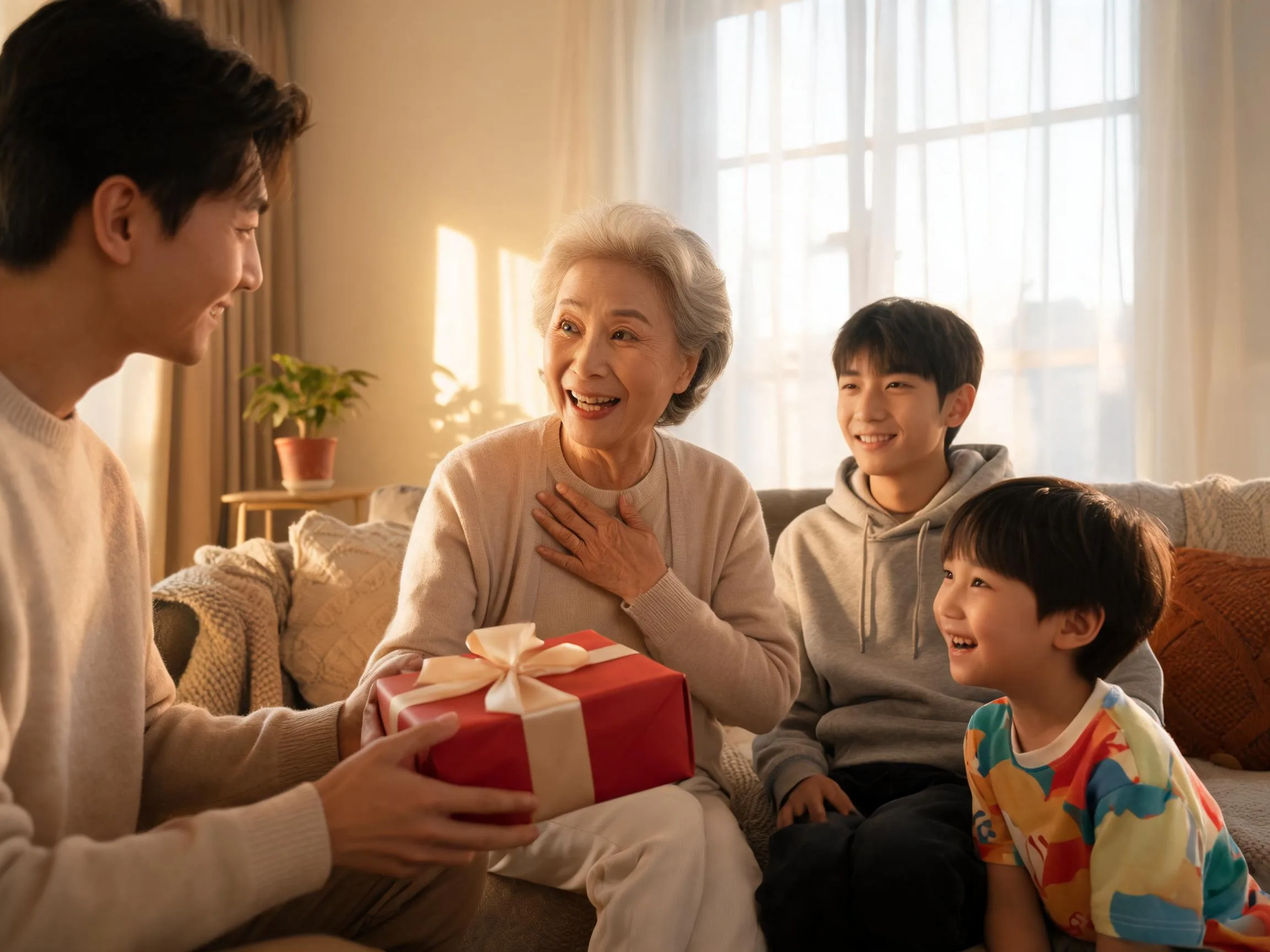 Family member reacts with joyful surprise while being handed an unexpected wrapped gift.