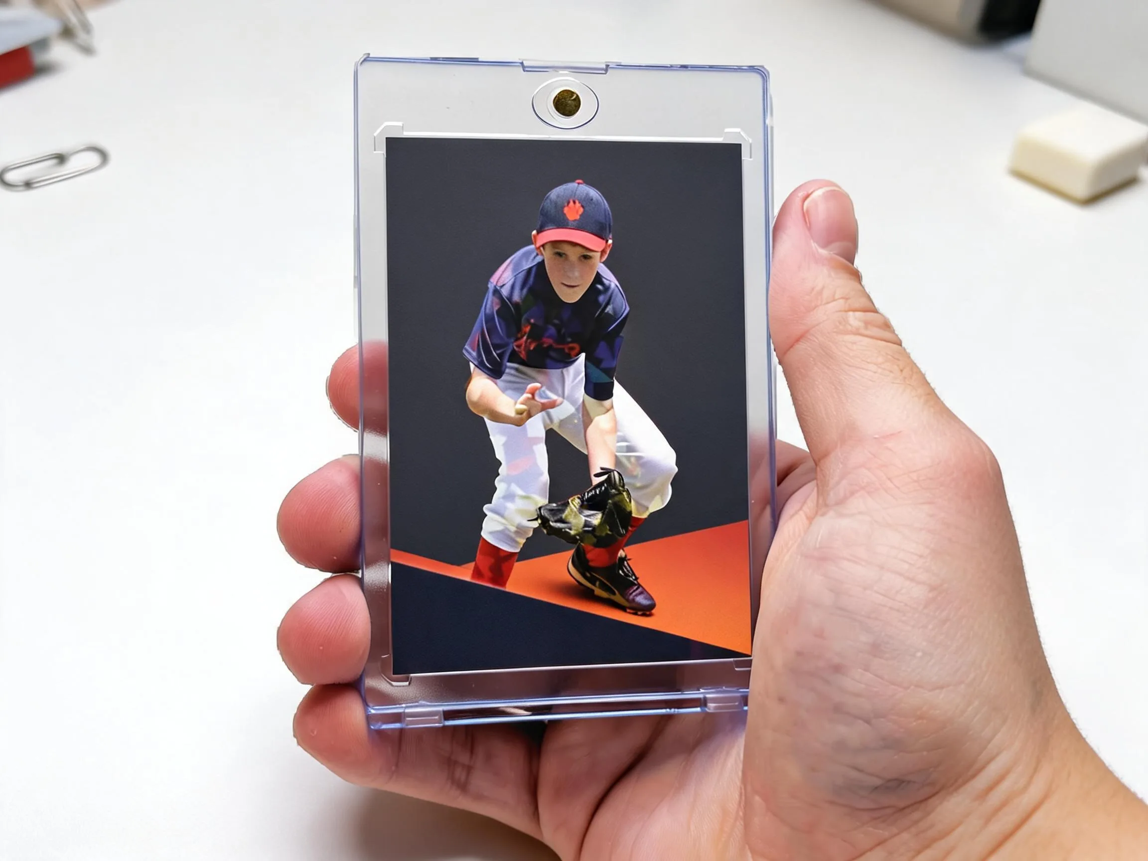 Custom keepsake trading card in magnetic case with diagonal metallic color band design.