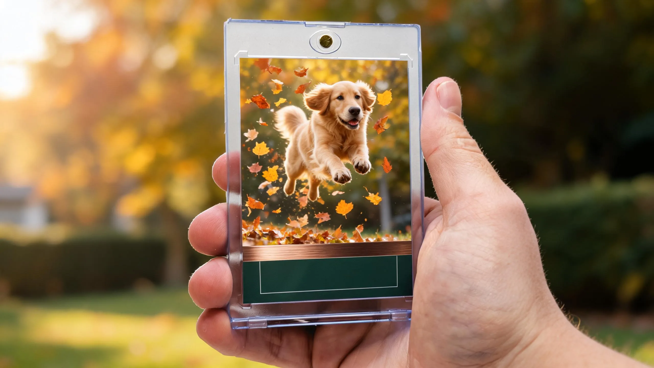 Hand holds magnetic case with custom dog action card, golden-hour yard — ideal dog dad gifts.
