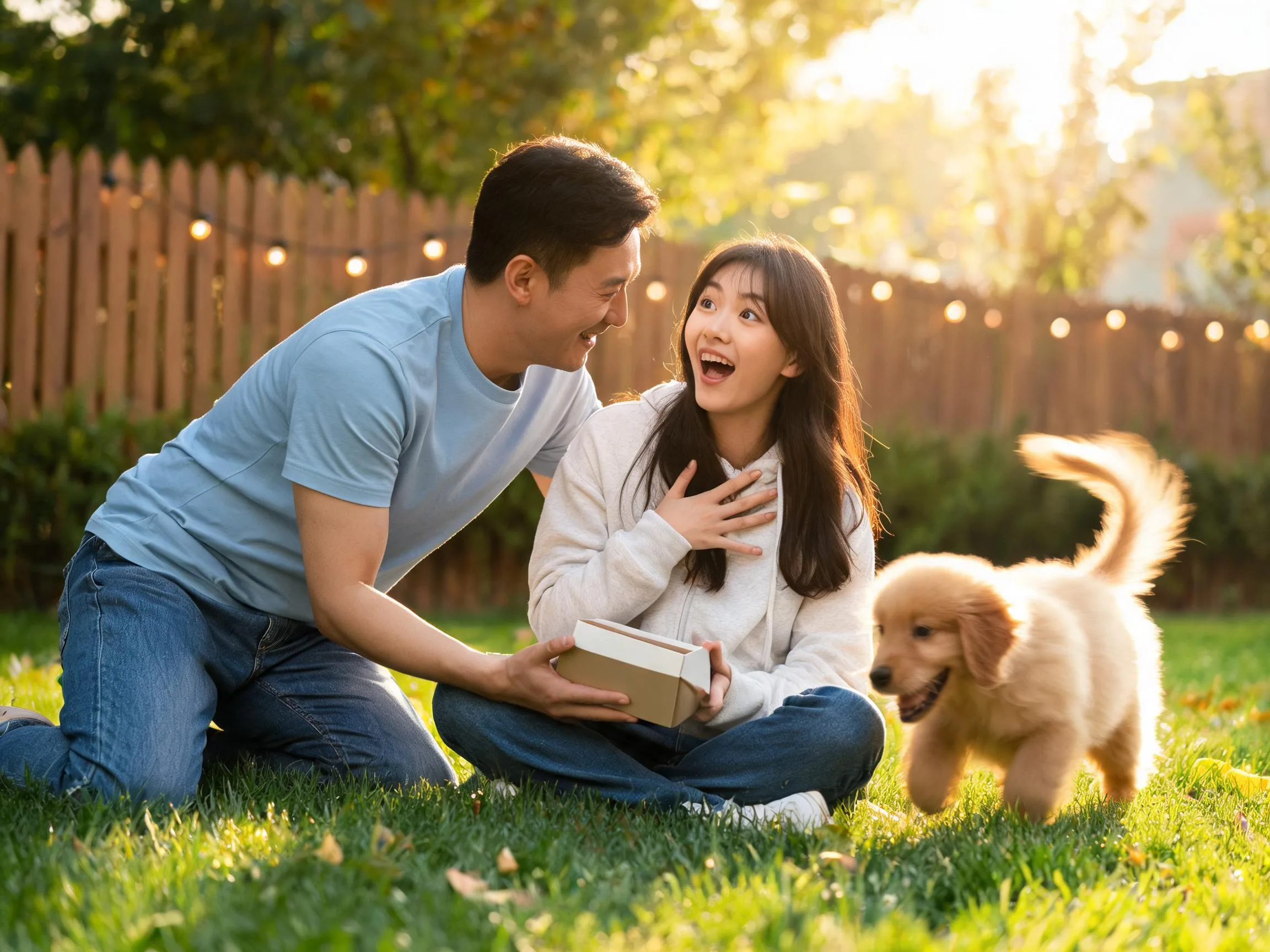 Father and daughter share joyful surprise unwrapping a gift in sunny backyard with puppy.