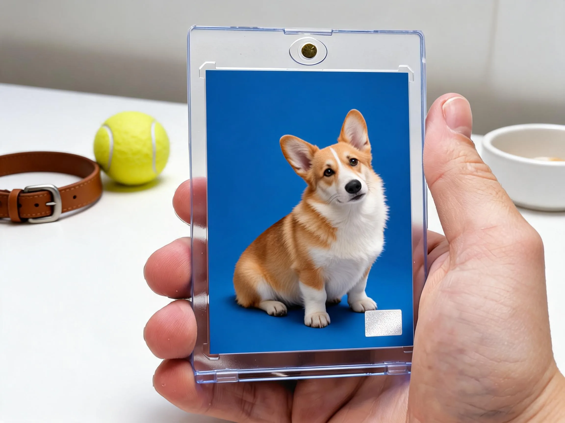 Custom pet trading card of a corgi in magnetic case on white tabletop display.