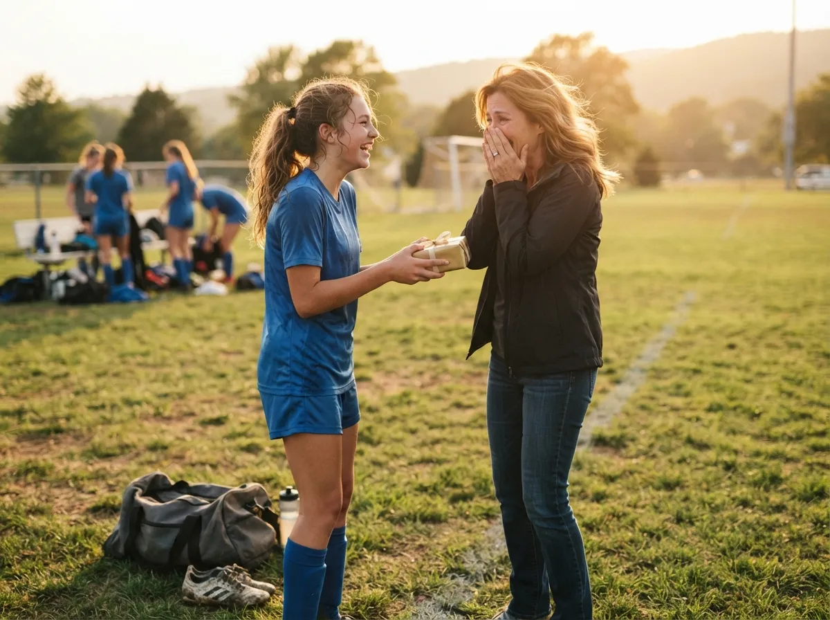 Mother reacting with joyful surprise to a gift from her athlete daughter on a sports field.