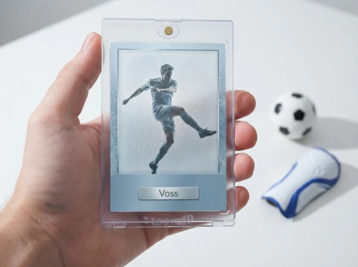 Custom sports trading card in magnetic case showing frozen-action soccer player in icy refractor design.