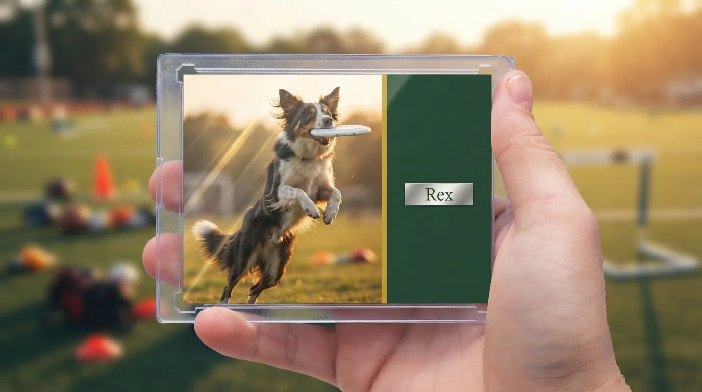 Hand holding magnetic case with dog trading card featuring leaping dog and foil nameplate.