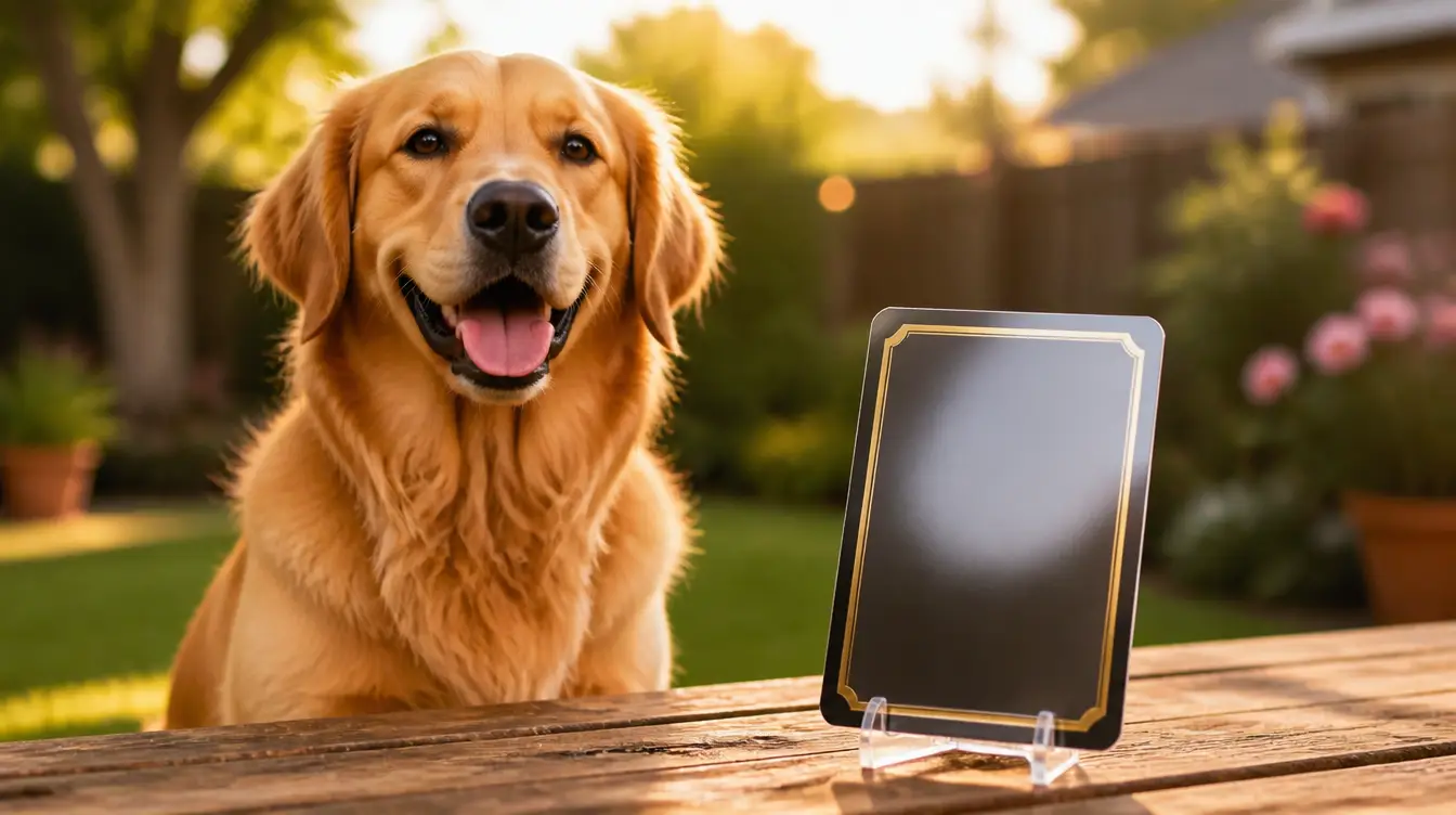 A happy golden retriever sitting next to a blank trading card on a rustic wooden table