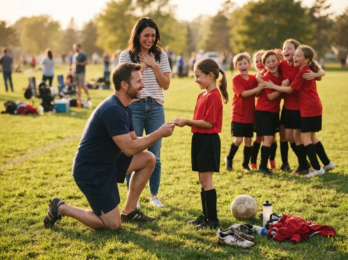 Coach and cheering teammates share proud emotional moment with young athlete on field.