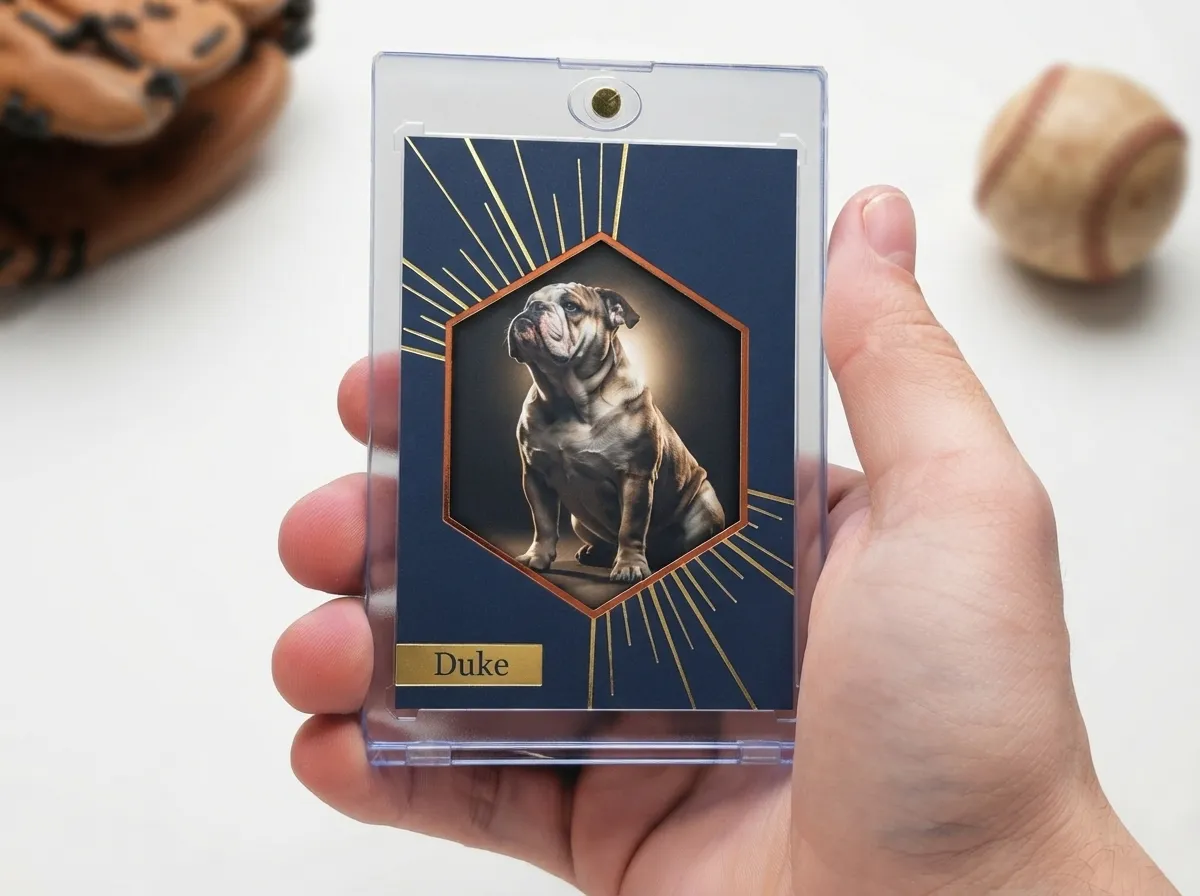 Magnetic case displaying custom dog trading card with gold foil starburst design.