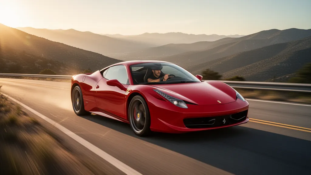 Red sports car speeding down winding mountain road with driver visible, golden hour lighting, motion blur effect