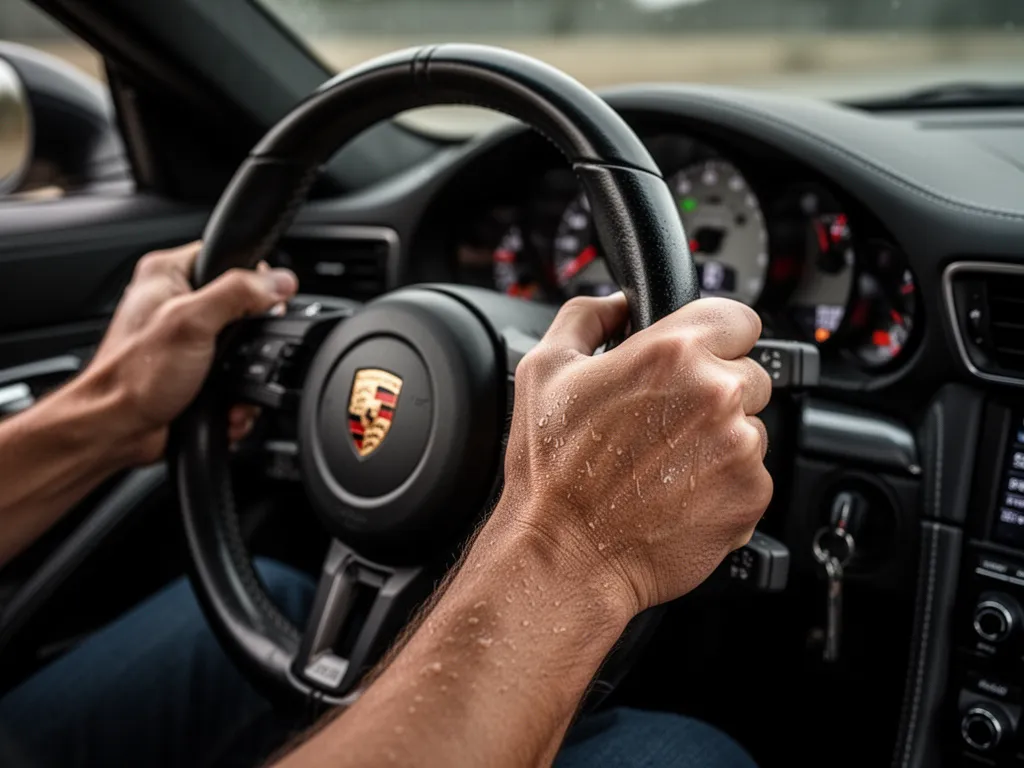 Driver's hands gripping steering wheel intensely during high-speed sports car drive experience